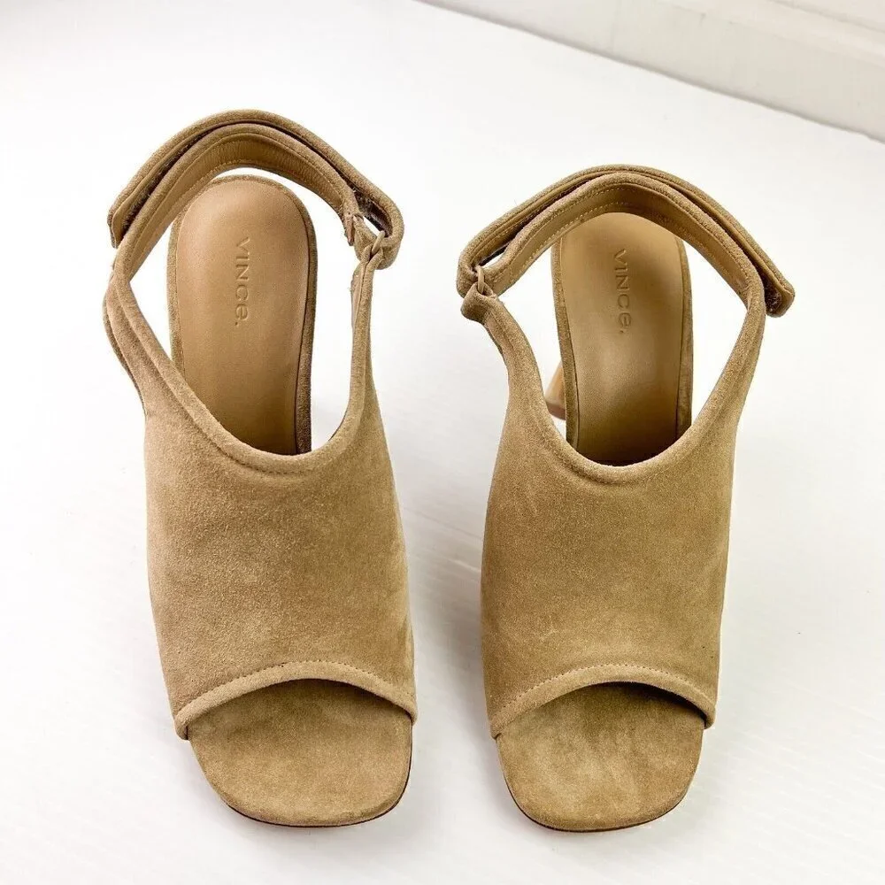 Vince Women Quest Slingback Beige Kitten Heel Leather Suede Sandals Sz 9.5M NEW